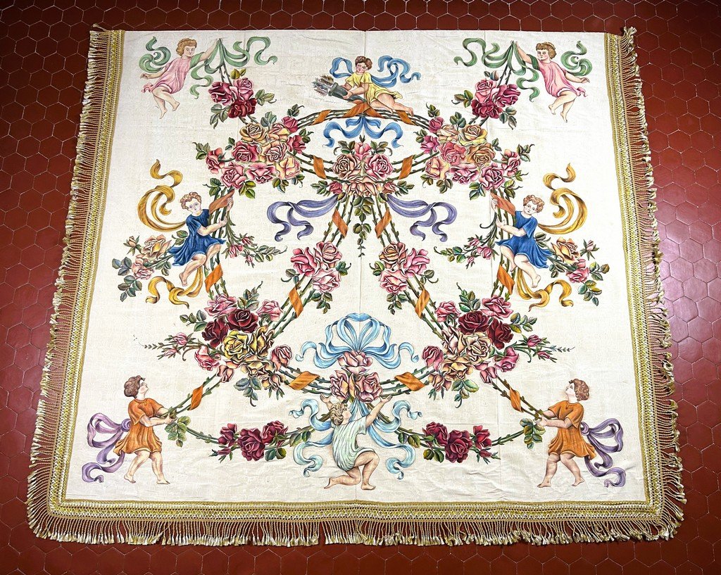 Door Made Of Painted Silk Moiré Featuring A Crown Of Thorns And Cherubs, Sicily, Italy, Circa 1890-photo-2