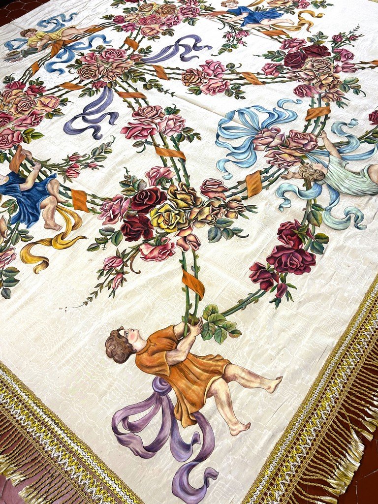 Door Made Of Painted Silk Moiré Featuring A Crown Of Thorns And Cherubs, Sicily, Italy, Circa 1890-photo-4
