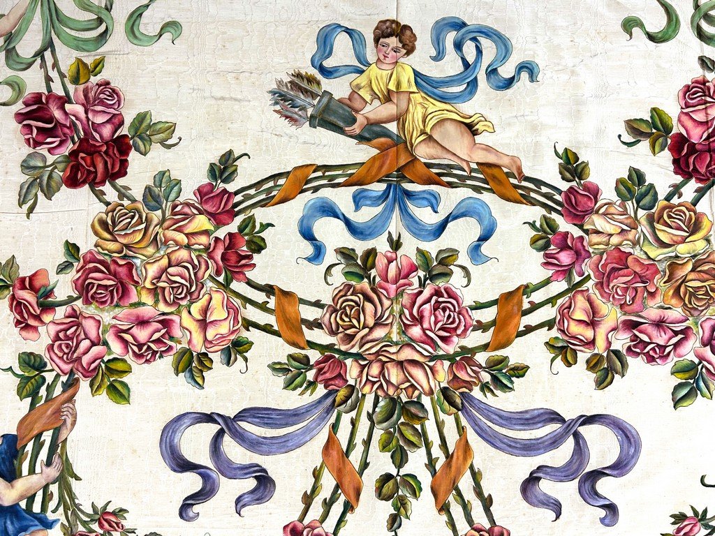 Door Made Of Painted Silk Moiré Featuring A Crown Of Thorns And Cherubs, Sicily, Italy, Circa 1890-photo-1