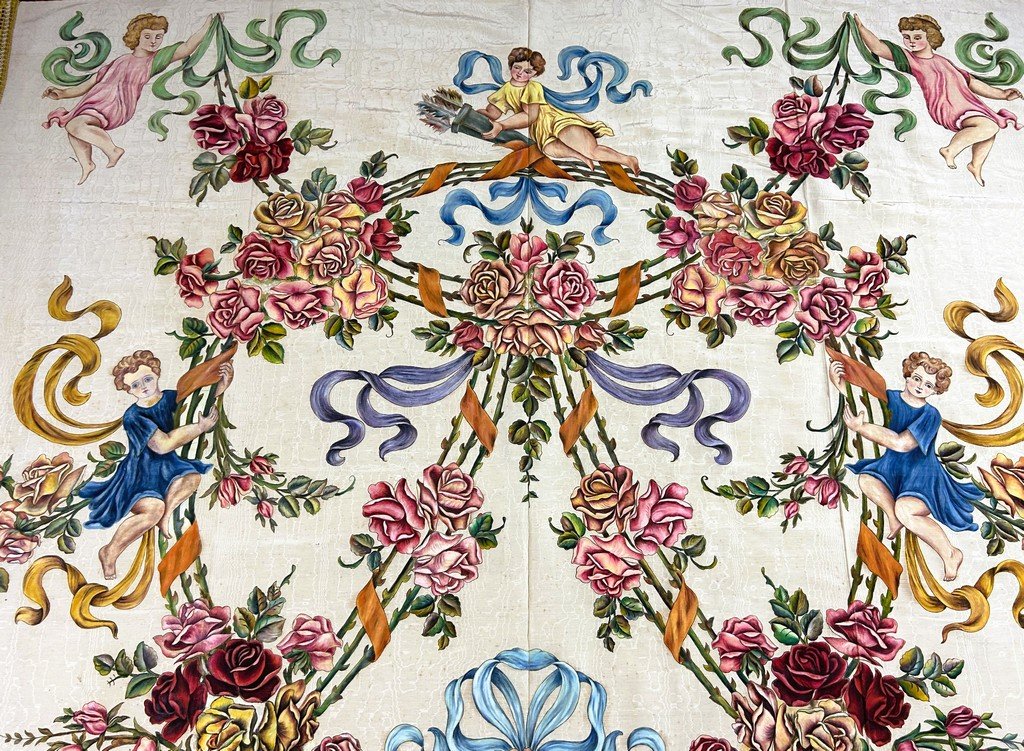 Door Made Of Painted Silk Moiré Featuring A Crown Of Thorns And Cherubs, Sicily, Italy, Circa 1890-photo-2