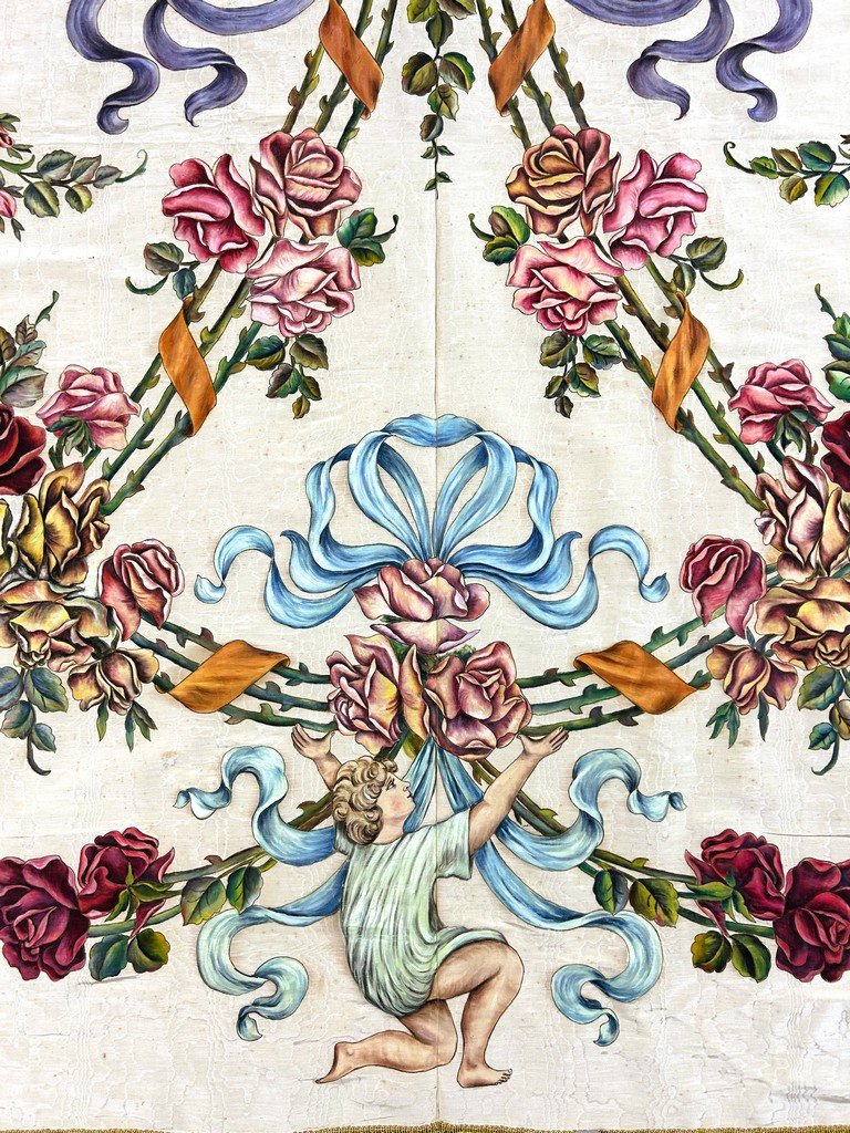Door Made Of Painted Silk Moiré Featuring A Crown Of Thorns And Cherubs, Sicily, Italy, Circa 1890-photo-8