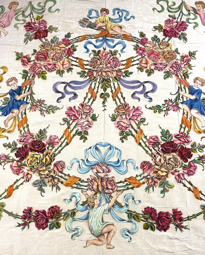 Door Made Of Painted Silk Moiré Featuring A Crown Of Thorns And Cherubs, Sicily, Italy, Circa 1890