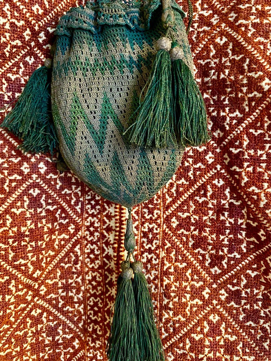 Precious Mesh Reticule Of Green And Silver Silk Threads In Zig-zag - France Late Eighteenth-photo-2