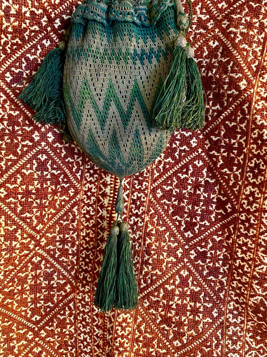 Precious Mesh Reticule Of Green And Silver Silk Threads In Zig-zag - France Late Eighteenth-photo-4