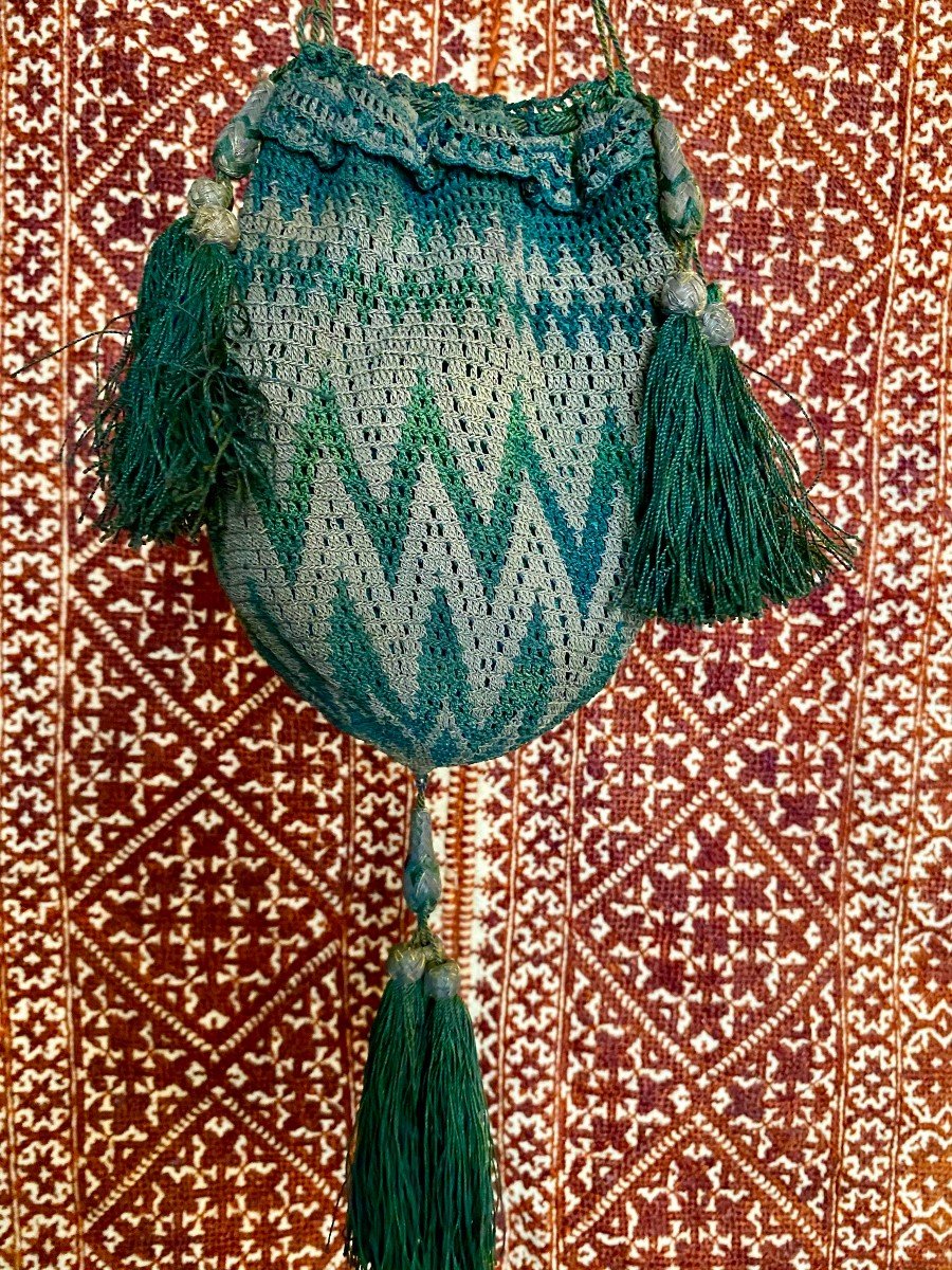 Precious Mesh Reticule Of Green And Silver Silk Threads In Zig-zag - France Late Eighteenth-photo-3