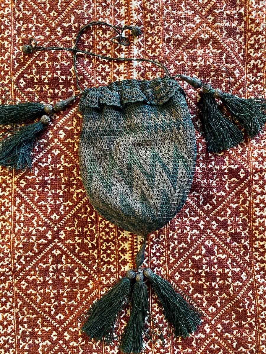 Precious Mesh Reticule Of Green And Silver Silk Threads In Zig-zag - France Late Eighteenth-photo-4