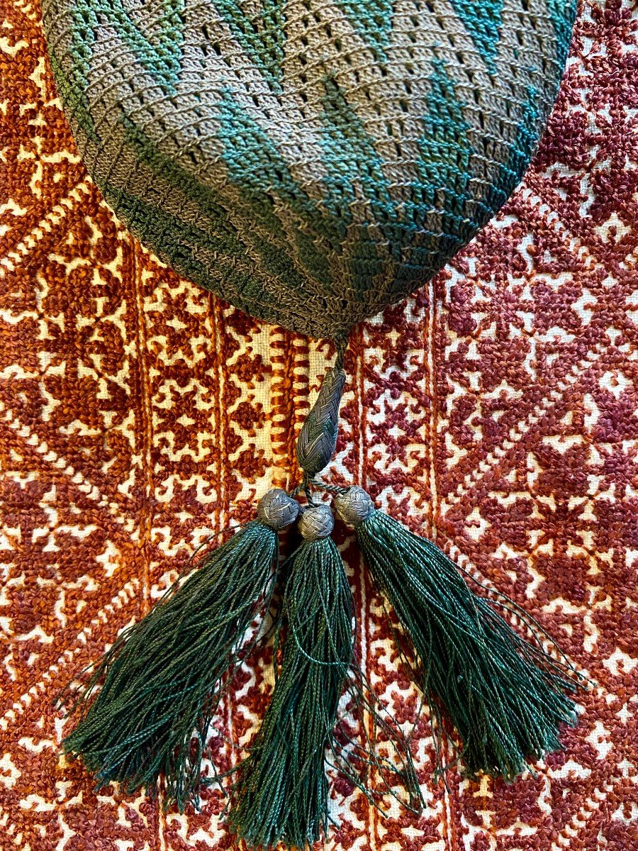 Precious Mesh Reticule Of Green And Silver Silk Threads In Zig-zag - France Late Eighteenth-photo-5
