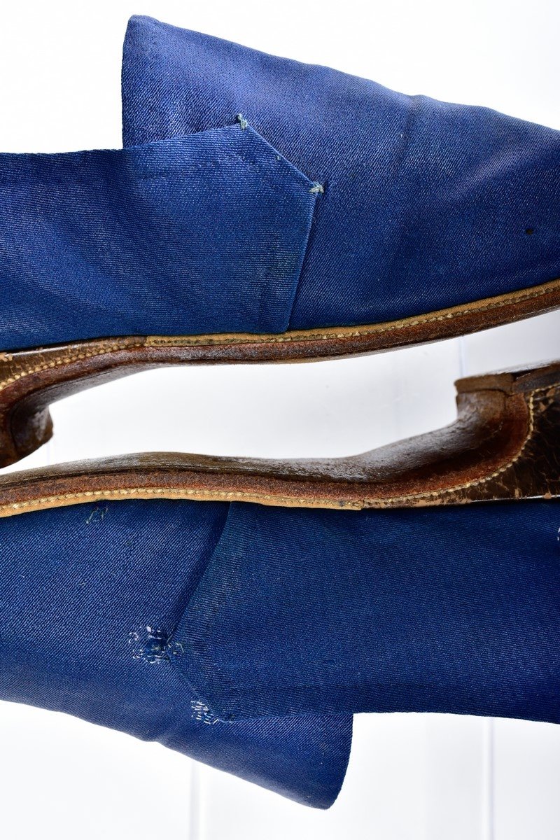 Pair Of Lady's Shoes In Glazed Wool Twill Bleu De France - Louis XVI Circa 1780-photo-7