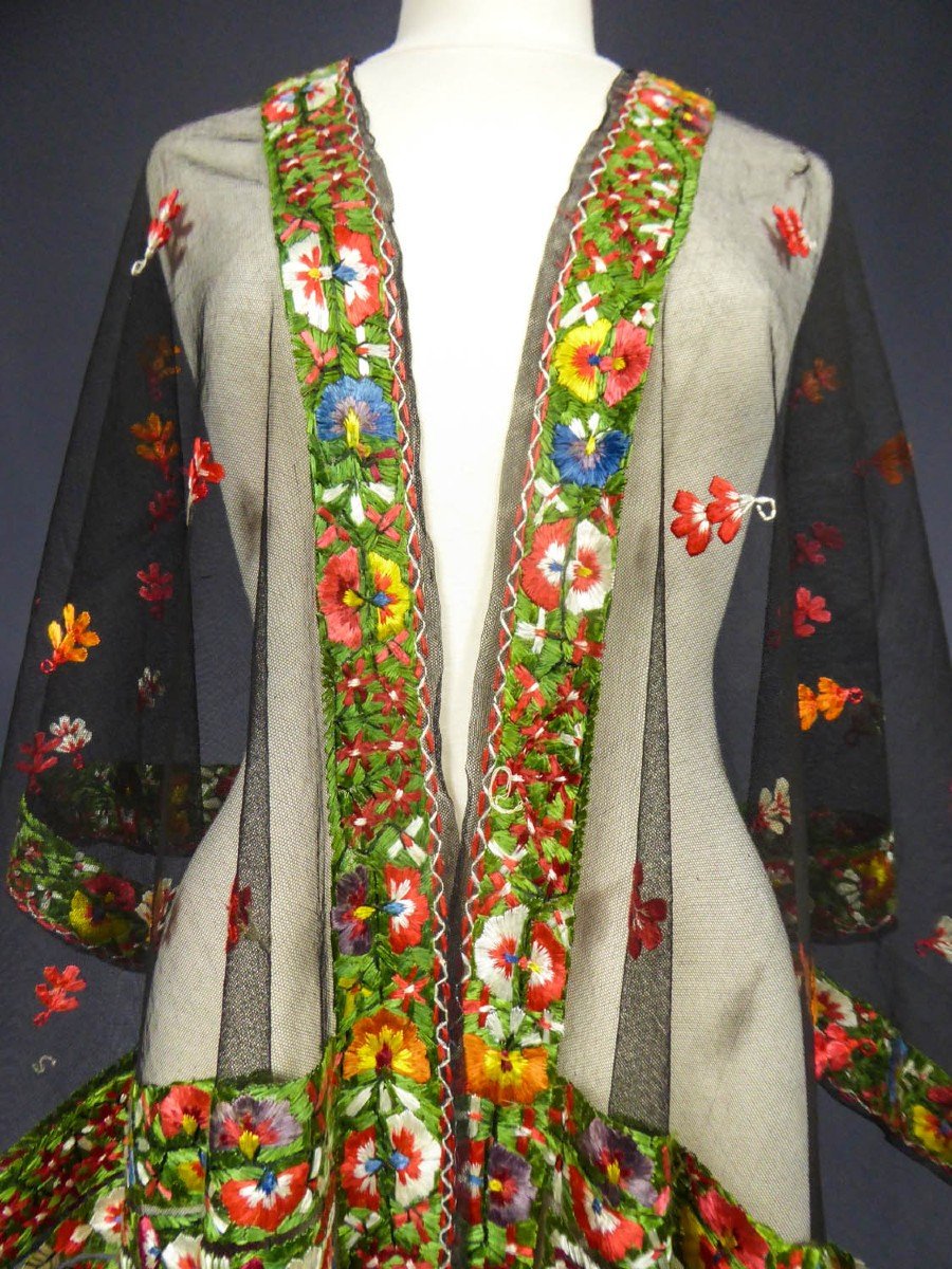 Dehli Stole In Tulle Embroidered With Floche Silk - Compagnie Des Indes Circa 1830/1850-photo-2