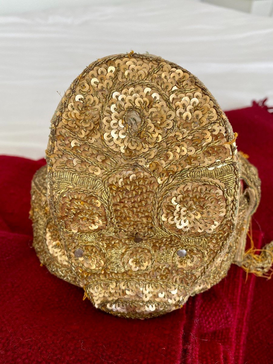 Berber Headdress Embroidered In Sequin And Golden Chenillettes - South Tunisia Circa 1950-photo-6