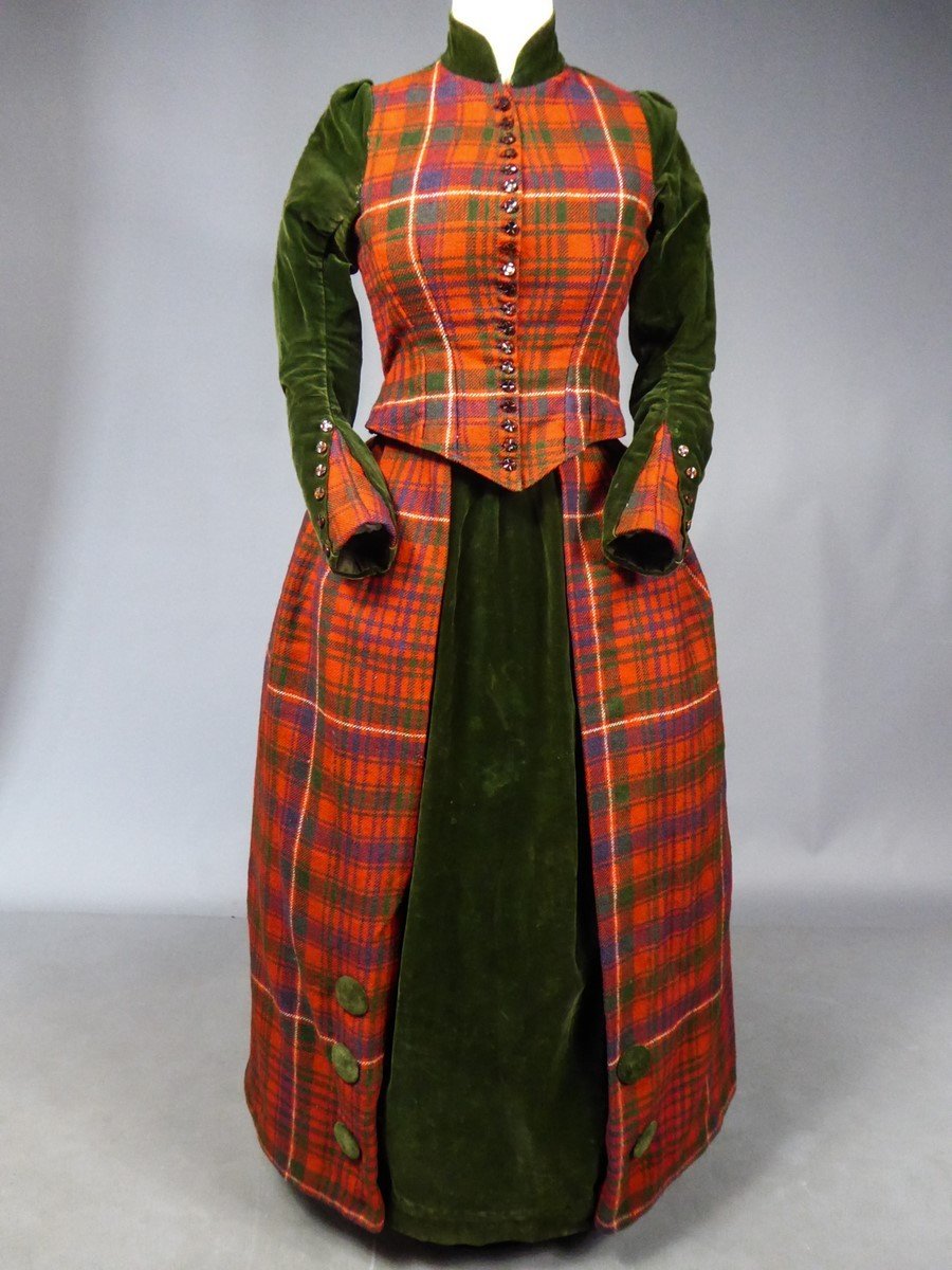 Corsage Et Jupe En Tartan écossais Et Velours Belle Epoque Circa 1890-photo-6