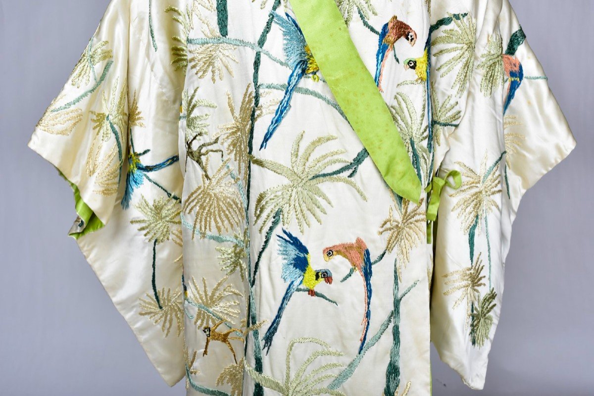 Evening Kimono In Satin Embroidered With Palm Trees And Parrots - France Circa 1930-photo-2