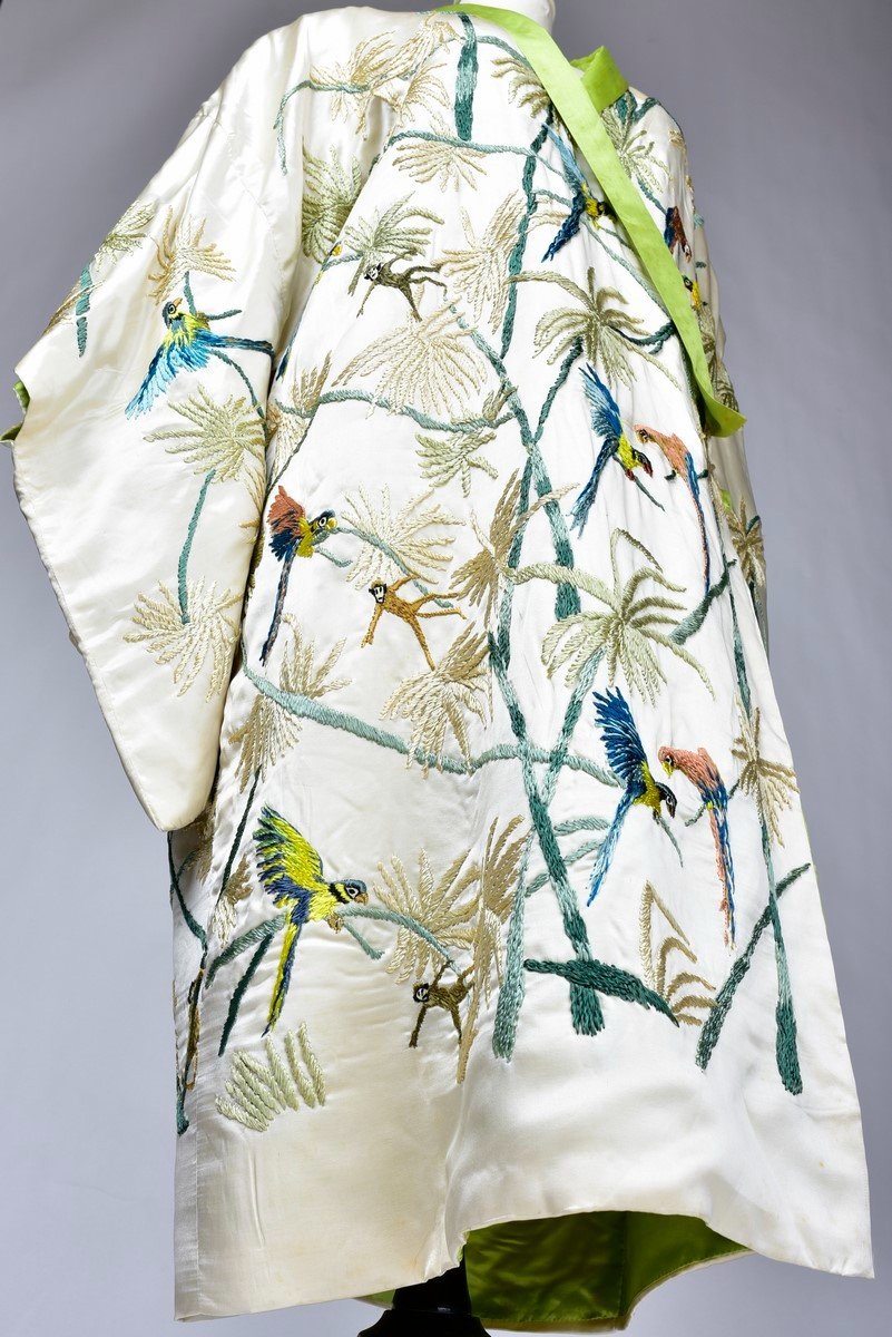 Evening Kimono In Satin Embroidered With Palm Trees And Parrots - France Circa 1930-photo-4