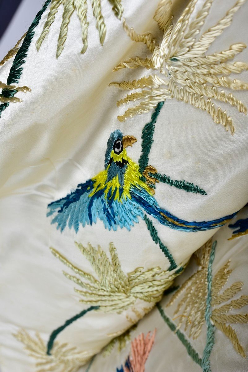 Evening Kimono In Satin Embroidered With Palm Trees And Parrots - France Circa 1930-photo-5