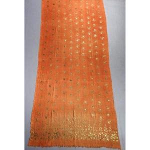 Grand Châle En Drap De Laine Orange Brodé Lames Dorées - Empire Ottoman Fin 19e Siècle