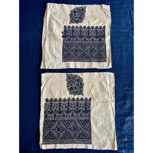 Deux Fines Broderies De Fès Réversibles Bleu Indigo - Maroc Circa 1930