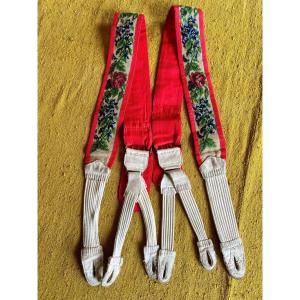 Pair Of Suspenders In Petit Point, Taffeta And Leather - England Circa 1840/1860