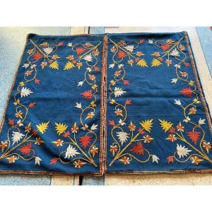 Tapis De Table En Feutre De Laine Appliqué Indigo - Art Populaire France Circa 1900