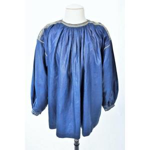 A Blaude/biaude Or Party Blouse In Indigo Dyed And Embroidered Glazed Linen - Normandy Circa 1850