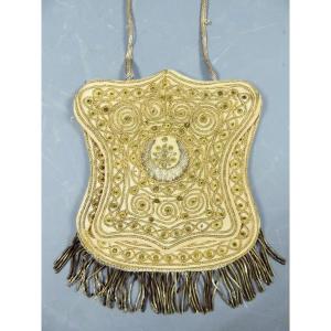 Réticule à La Turque Brodé De Filet Or Et Chenillettes Argent - Fin XIXe Siècle