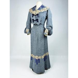 Belle Epoque Day Dress In Blue Heather Wool - France Circa 1905