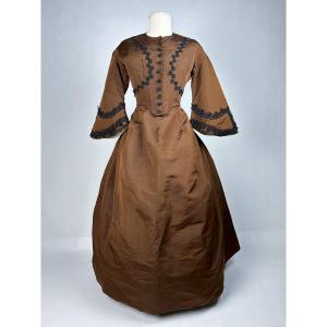 A Day Dress In Chocolate Faille With Pagoda Sleeves - France Circa 1880