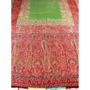 Châle Cachemire espoliné des Indes à réserve verte - Période Sick Circa 1840