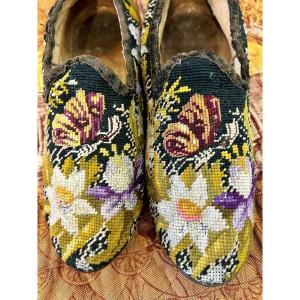 Pair Of Petit Point Slippers For A Men's Smoking Room—second Empire, France
