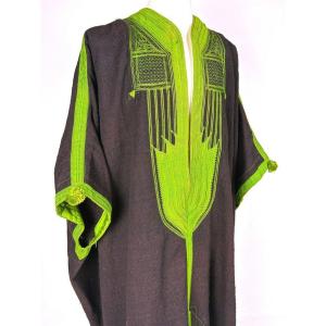 Djellaba Berbère en laine brodé de soie floche vert-jaune - Tunisie Circa 1900-1930