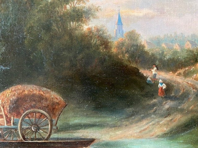Painting On Canvas Landscape Of Countryside At The Barge-photo-4