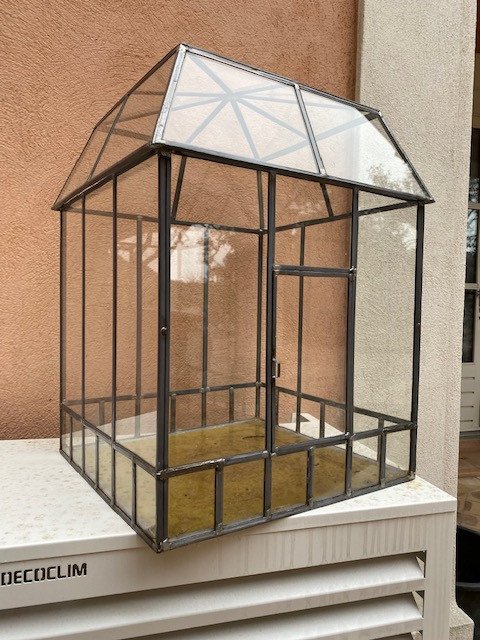 Large Stained Glass “mansart” Indoor Mini Greenhouse From The 1970s-photo-2
