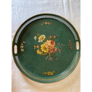 Painted Sheet Metal Tray Decorated With Bouquets