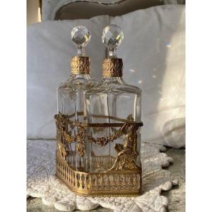 Pair Of Decanters In Brass And Crystal Cage
