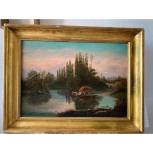 Painting On Canvas Landscape Of Countryside At The Barge