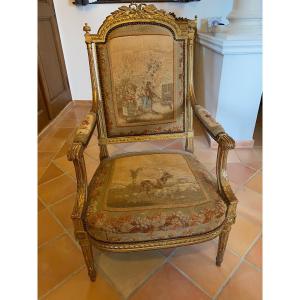 Armchair In Golden Wood And Aubusson Tapestry