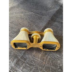 Pair Of Binoculars In Brass And Mother Of Pearl With Oblong Rectangular Optics
