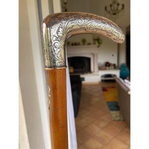 Monogrammed Cane In Wood And Solid Silver Handle