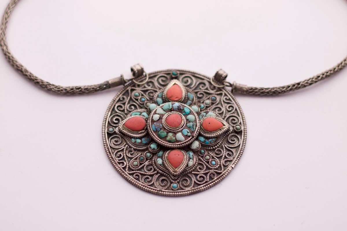 Amulette Pendentif Tibétain Argent Corail Turquoise-photo-1