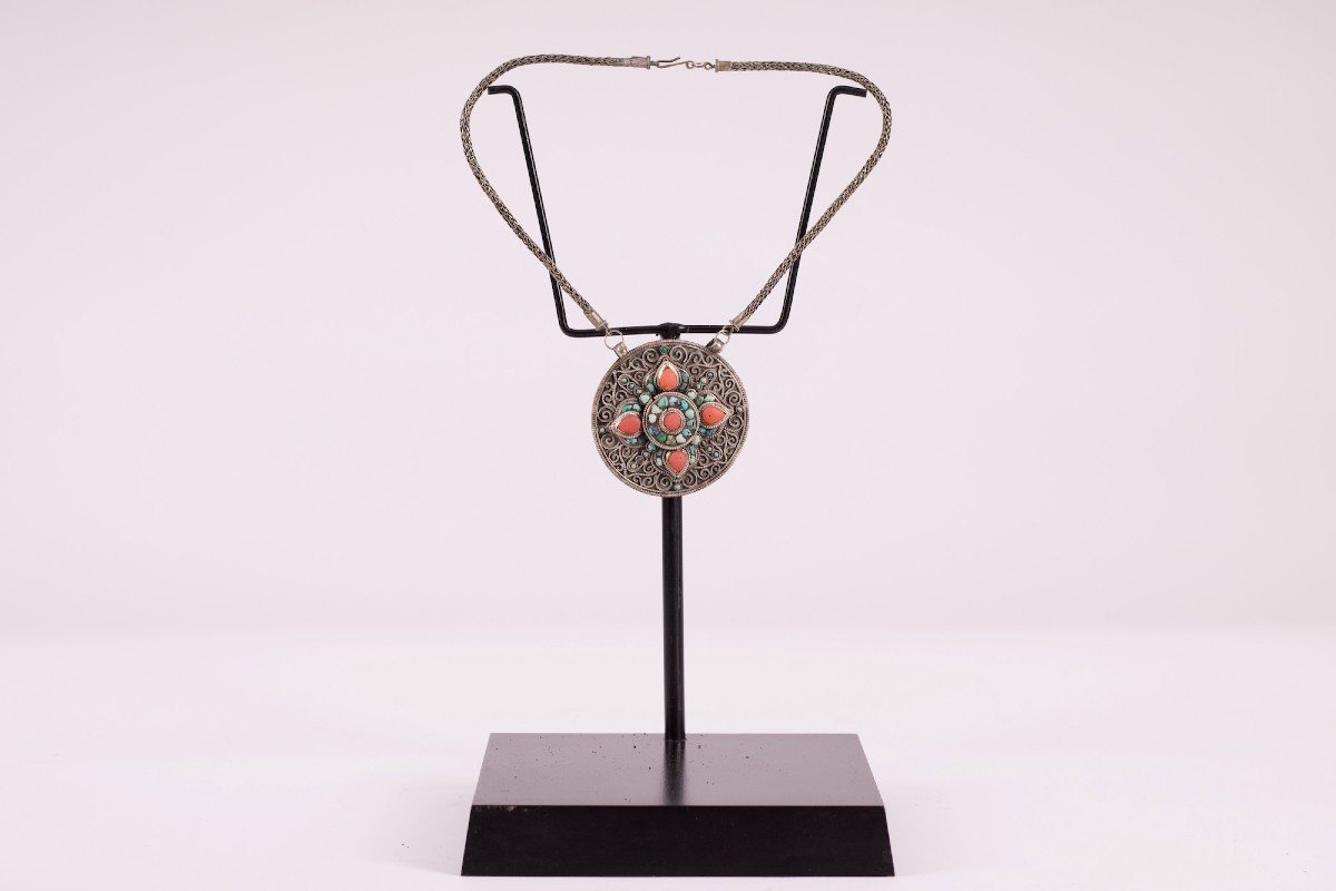 Amulette Pendentif Tibétain Argent Corail Turquoise