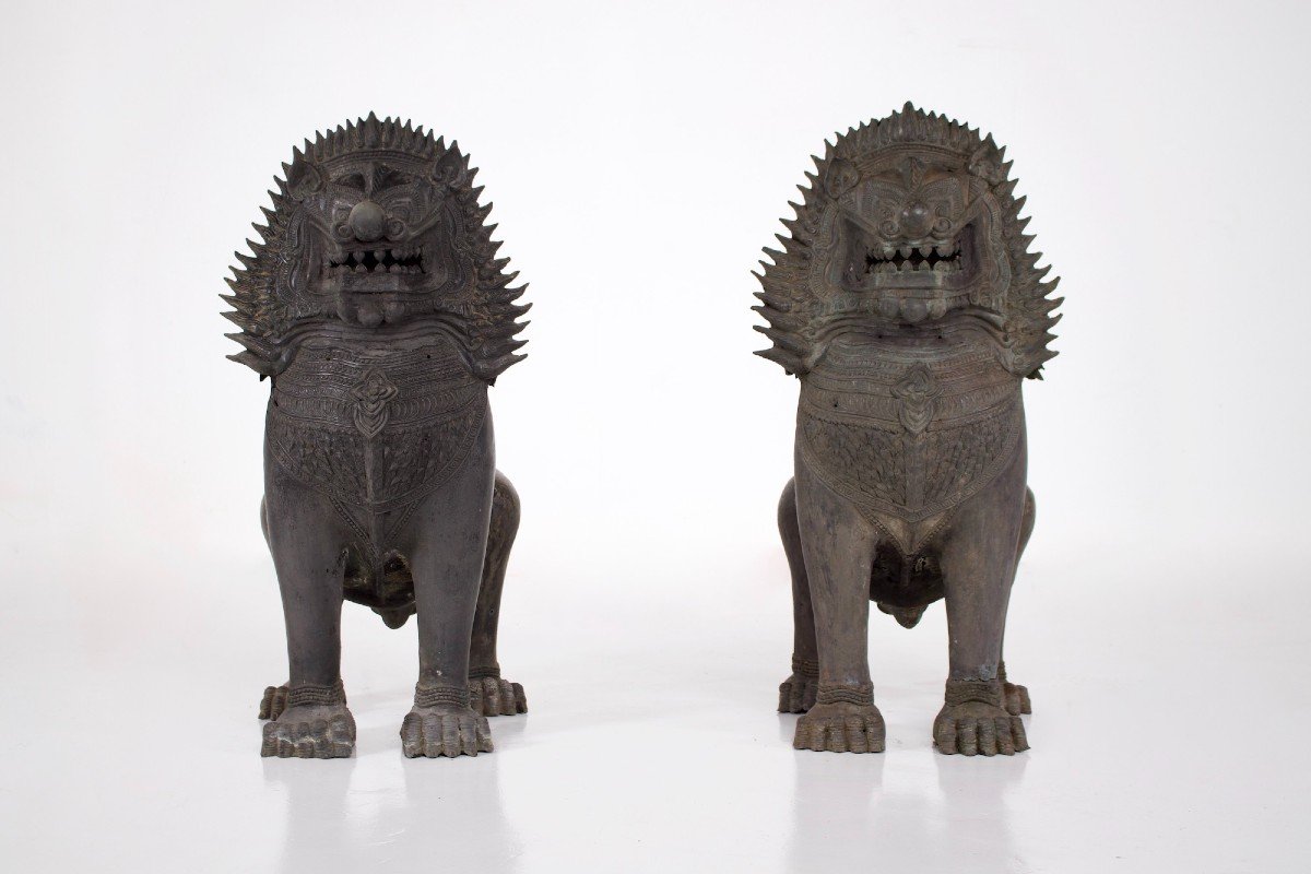Paire De Singha Gardiens de Temple En Bronze (88cm)-photo-2