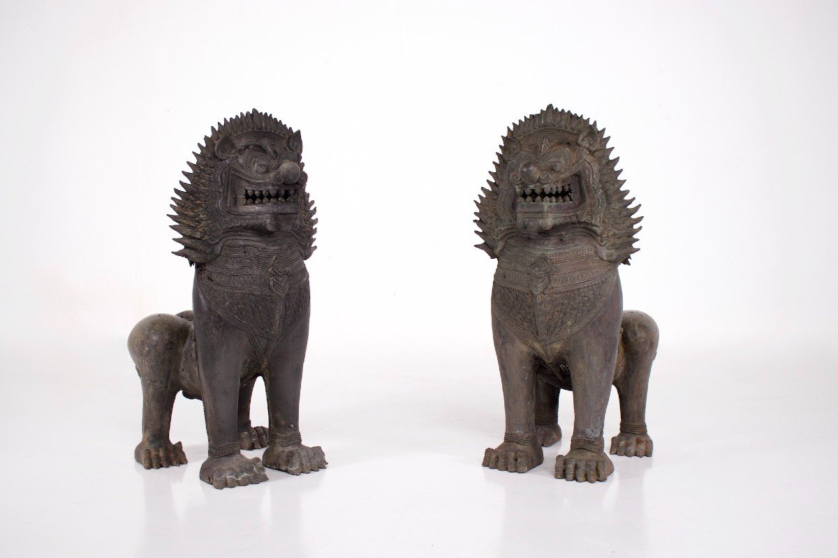 Paire De Singha Gardiens de Temple En Bronze (88cm)
