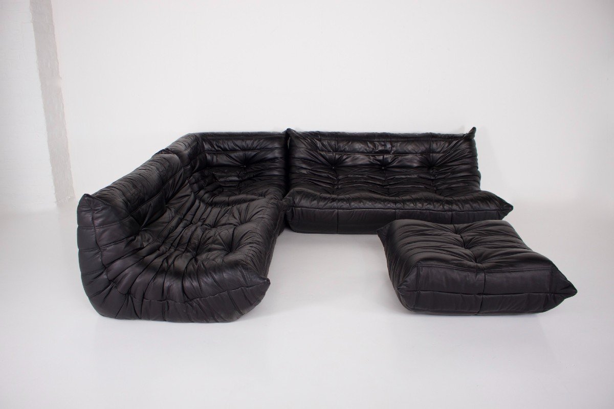 “togo” Sofa Set In Black Leather, Ligne Roset.-photo-2