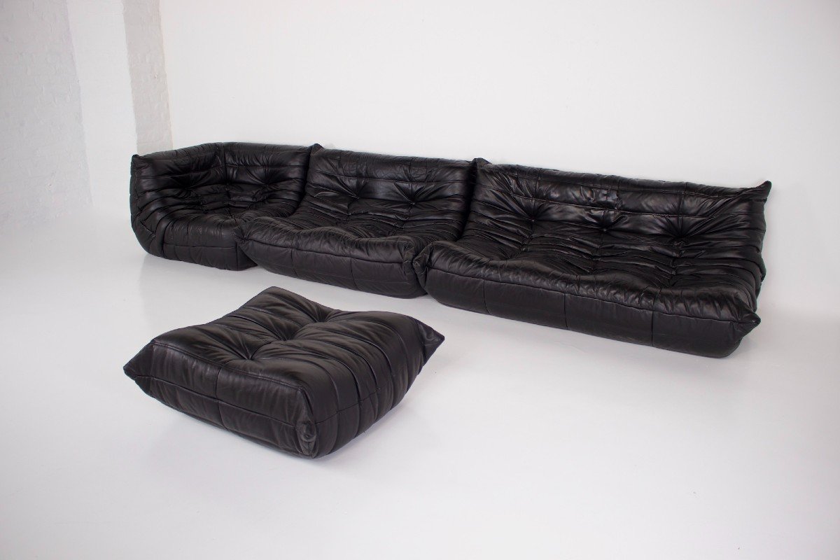 “togo” Sofa Set In Black Leather, Ligne Roset.-photo-3