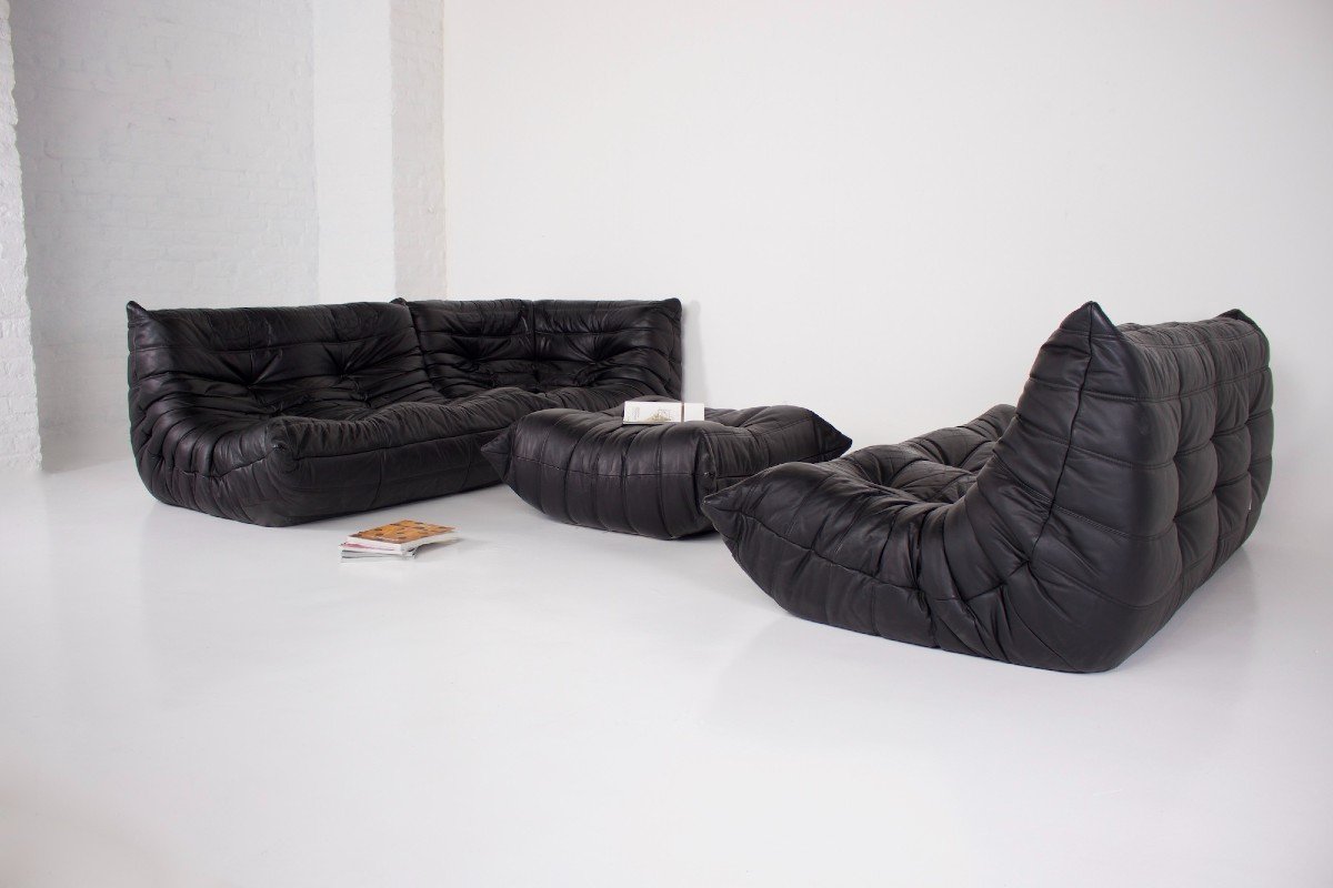 “togo” Sofa Set In Black Leather, Ligne Roset.-photo-1