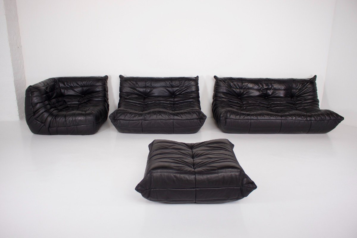 “togo” Sofa Set In Black Leather, Ligne Roset.-photo-2