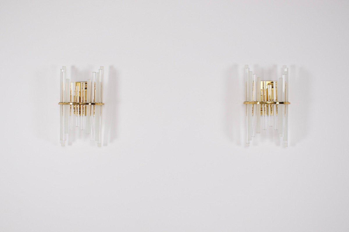 Pair Of Brass & Glass Sconces.-photo-4