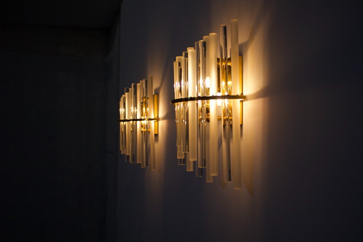 Pair Of Brass & Glass Sconces.