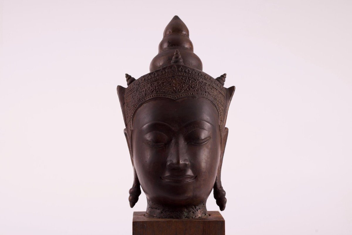 T&ecirc;te De Bouddha Couronn&eacute; En Bronze, Royaume D&rsquo;ayutthaya.-photo-3