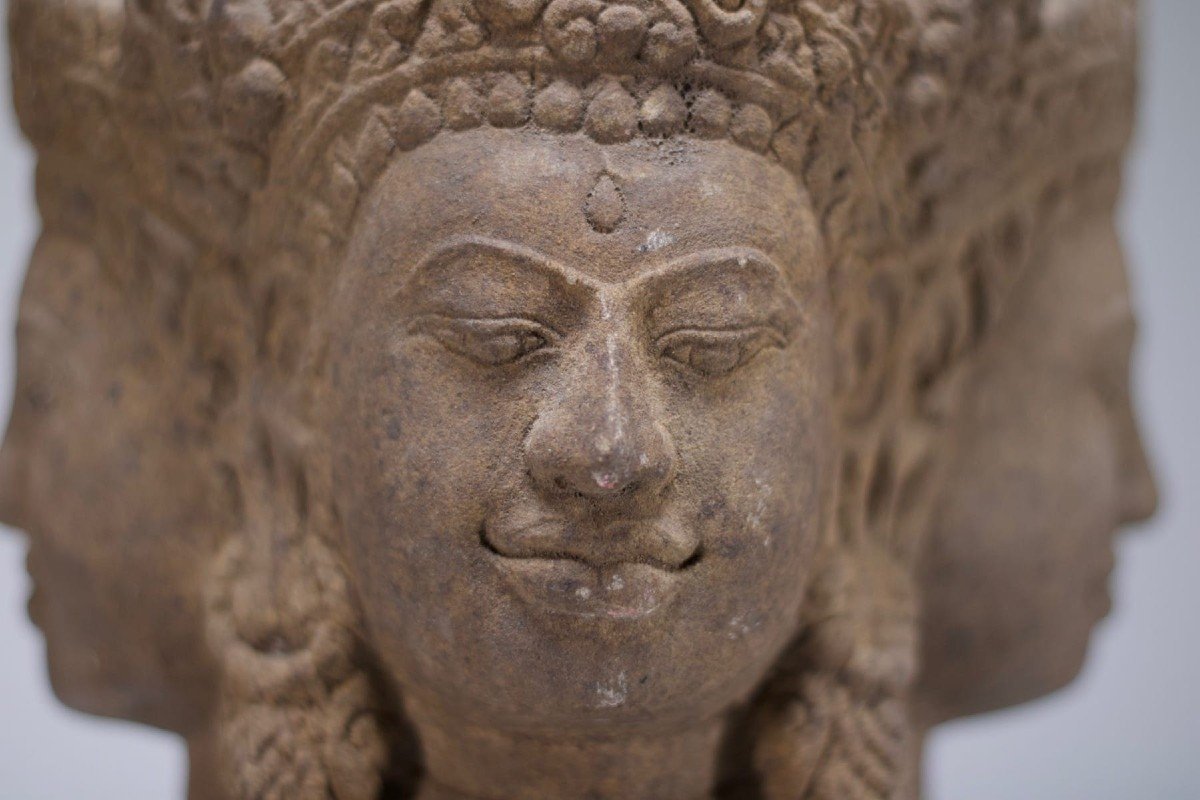 Tête De Brahma En Grès, Style Khmer.-photo-4