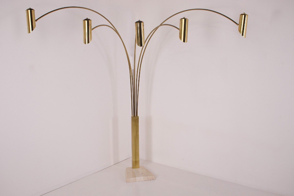 Lampadaire Italien 5 Bras, Travertin & Laiton. (h 215 Cm)-photo-2